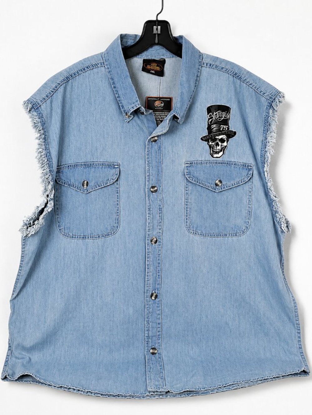 Sturgis 75 Black Hills Rally Shirt Mens 3XL Denim Cutoff Biker's Edge Skull Tags